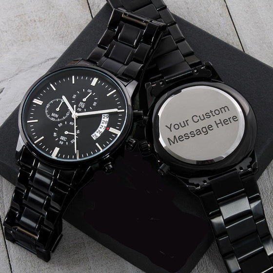 Customized Black Chronograph Watch - Engrave Your Own Words